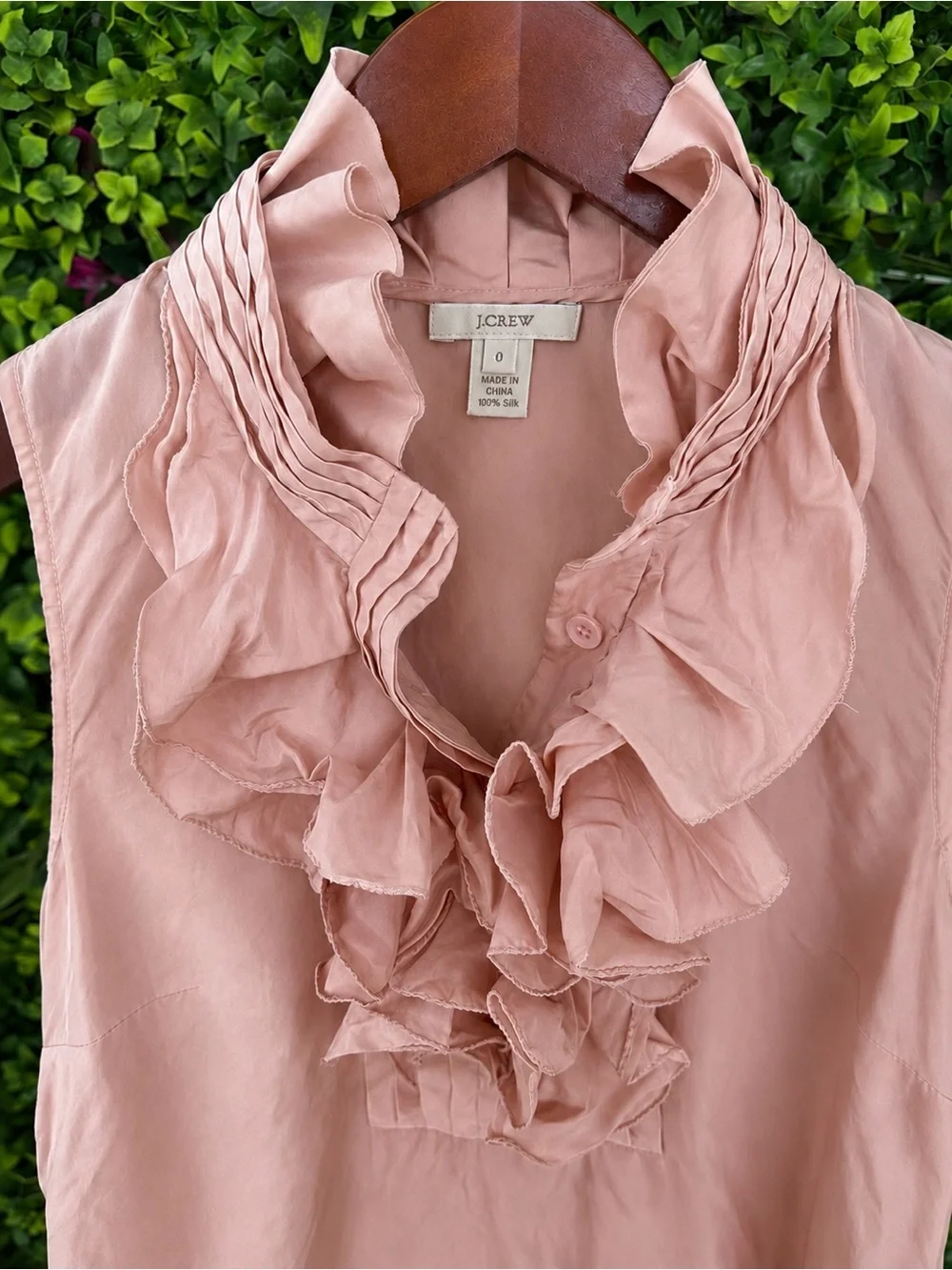 J.Crew 100% Silk Ruffle Blouse Pink Sleeveless Mock Neck Romantic Size 0